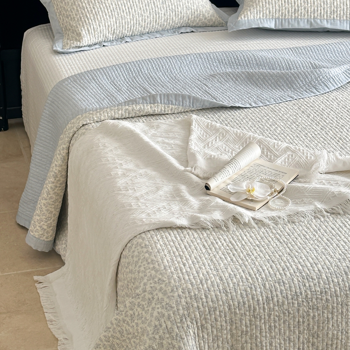 床盖工厂店 2026春夏新款双面100%全棉填充棉花床盖三件套 半壶纱