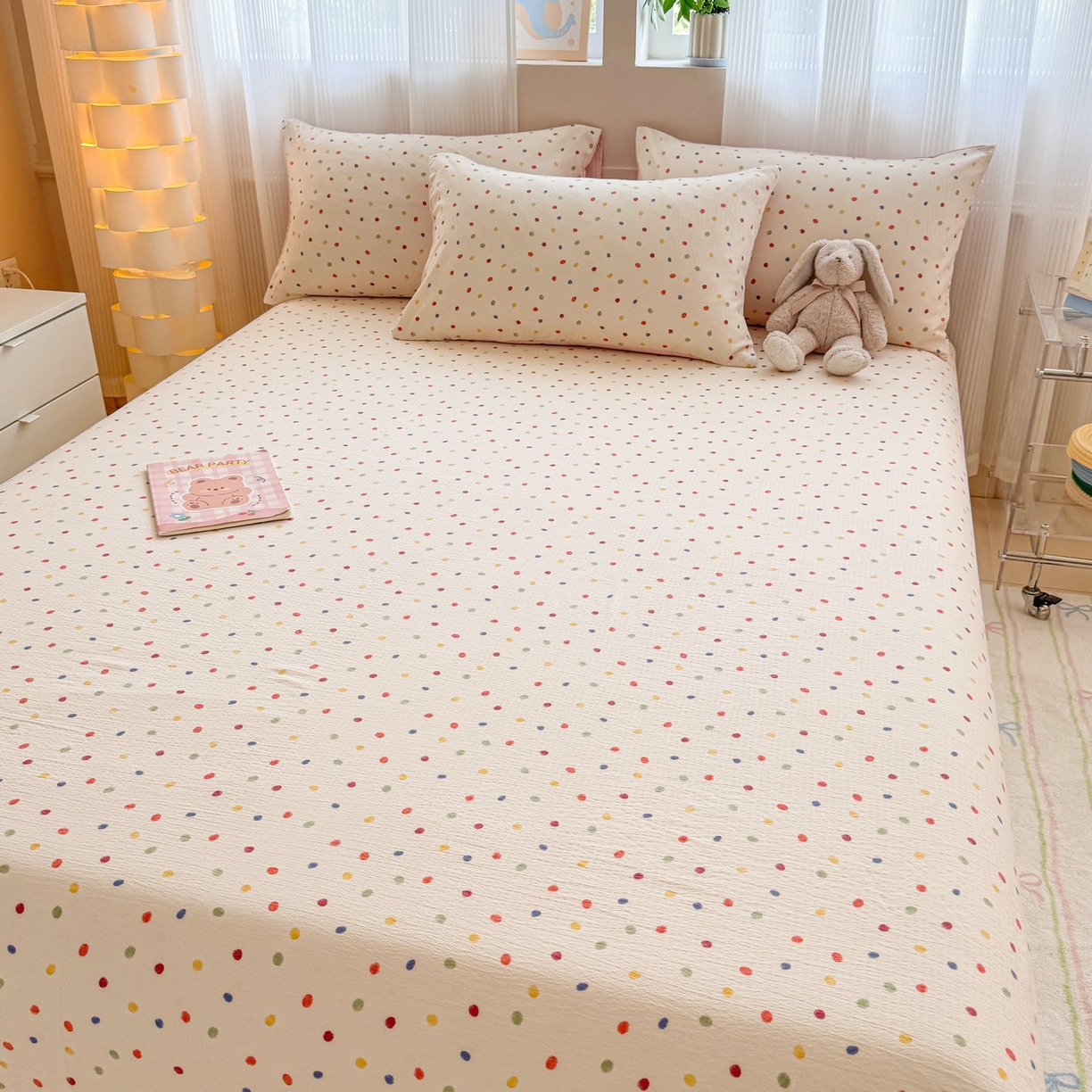 91家纺网 家纺一手货源 找家纺 丽美人家纺 2026新款A类皱皱双层纱印花单床单床单单件 彩色波点