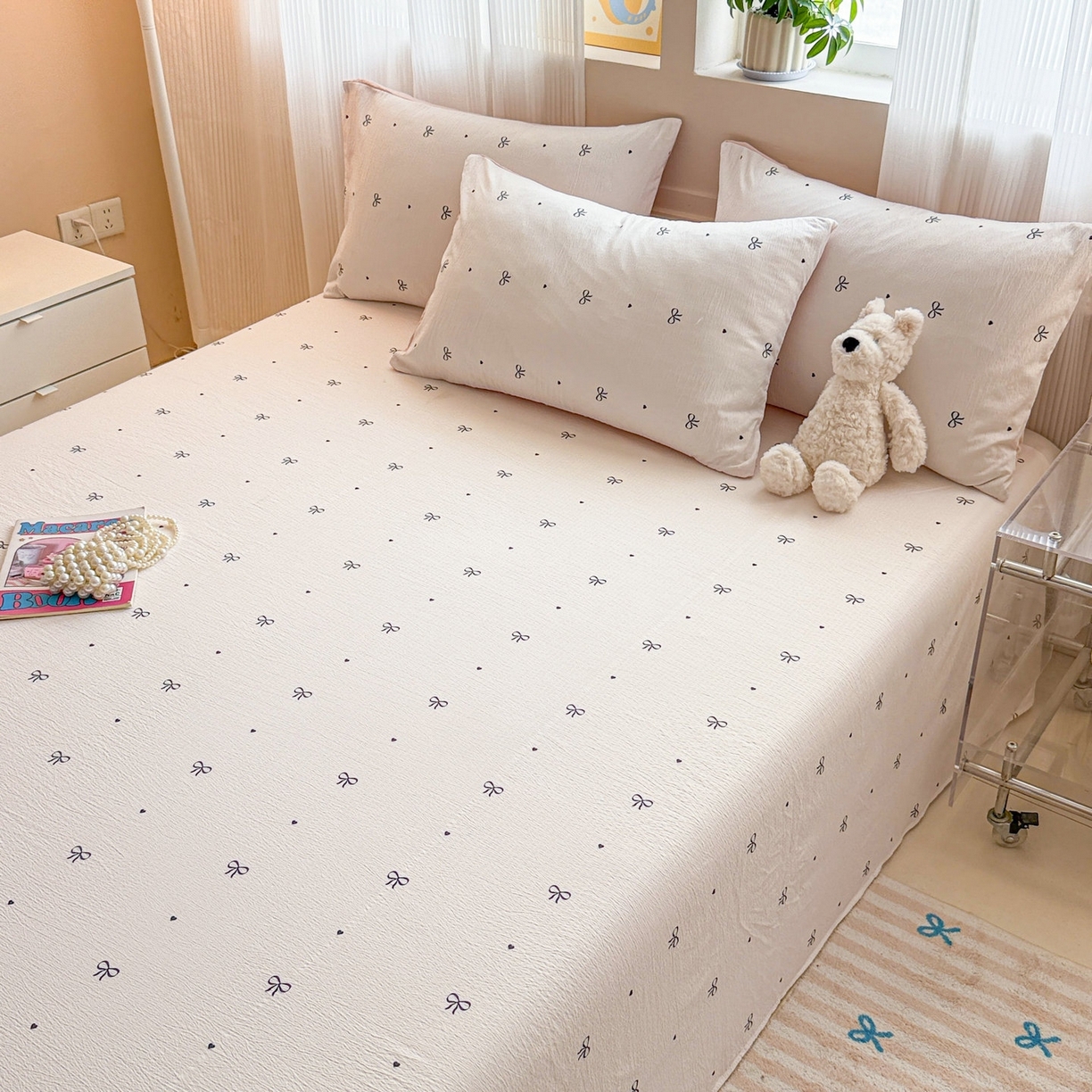 91家纺网 家纺一手货源 找家纺 丽美人家纺 2026新款A类皱皱双层纱印花单床单床单单件 粉蝴蝶结