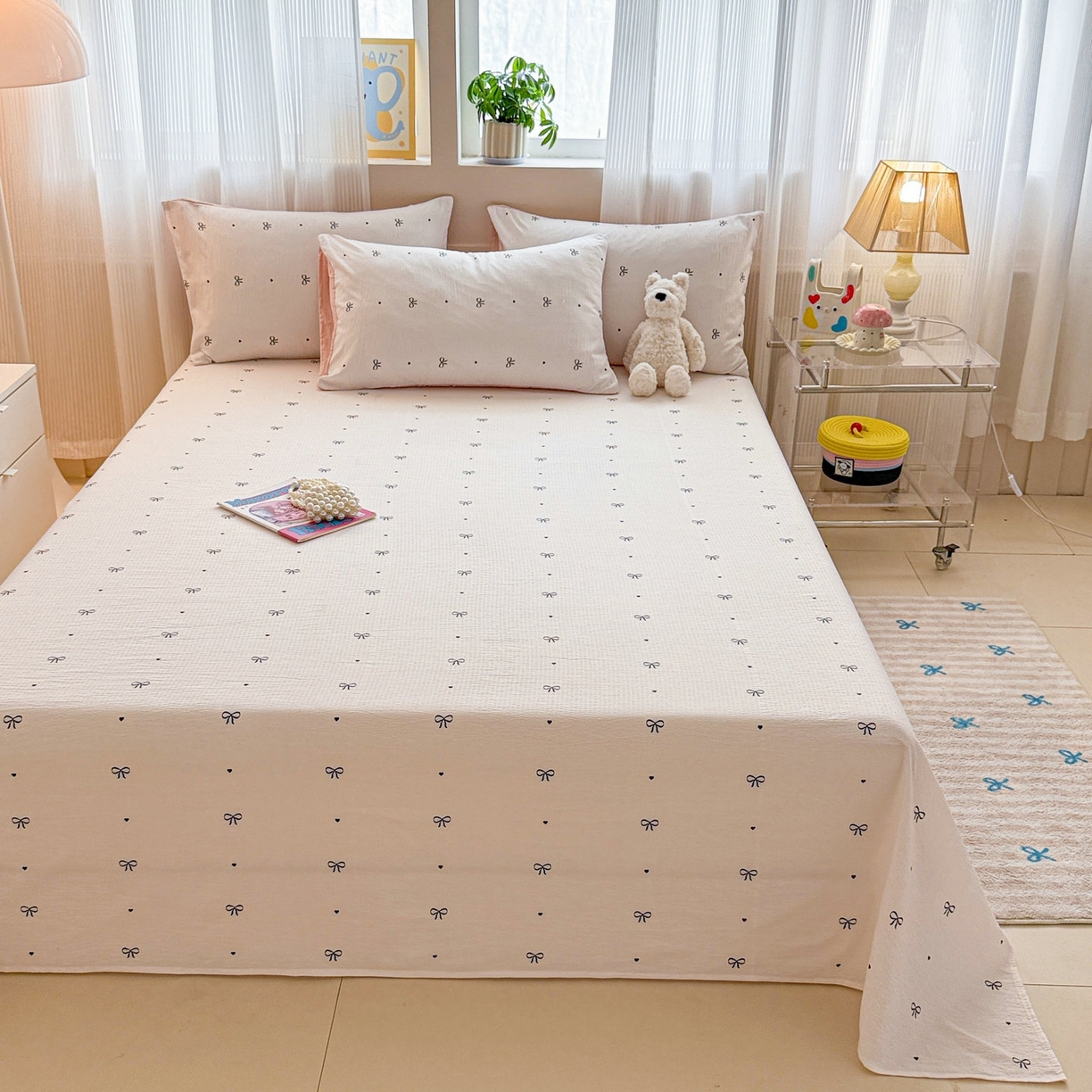 91家纺网 家纺一手货源 找家纺 丽美人家纺 2026新款A类皱皱双层纱印花单床单床单单件 粉蝴蝶结