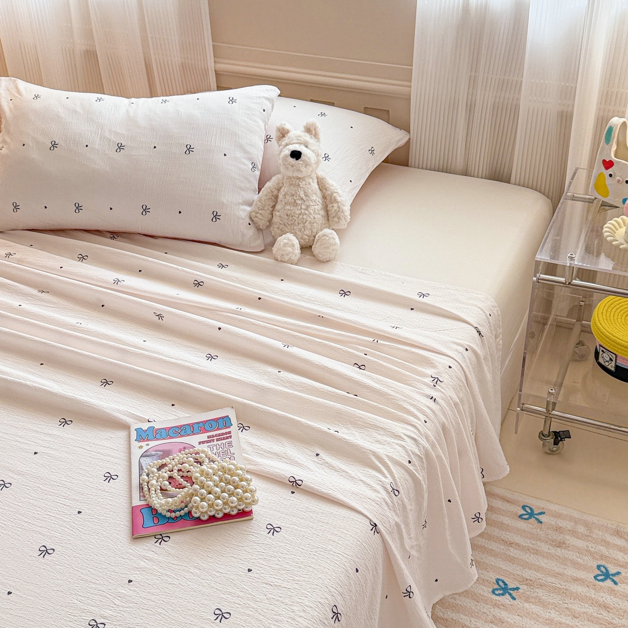 91家纺网 家纺一手货源 找家纺 丽美人家纺 2026新款A类皱皱双层纱印花单床单床单单件 粉蝴蝶结