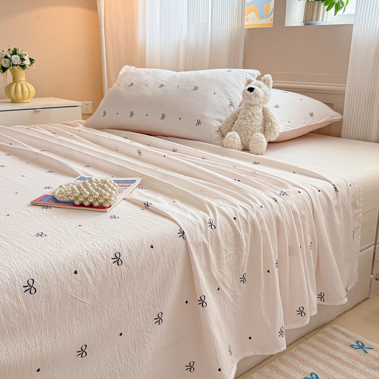 91家纺网 家纺一手货源 找家纺 丽美人家纺 2026新款A类皱皱双层纱印花单床单床单单件 粉蝴蝶结