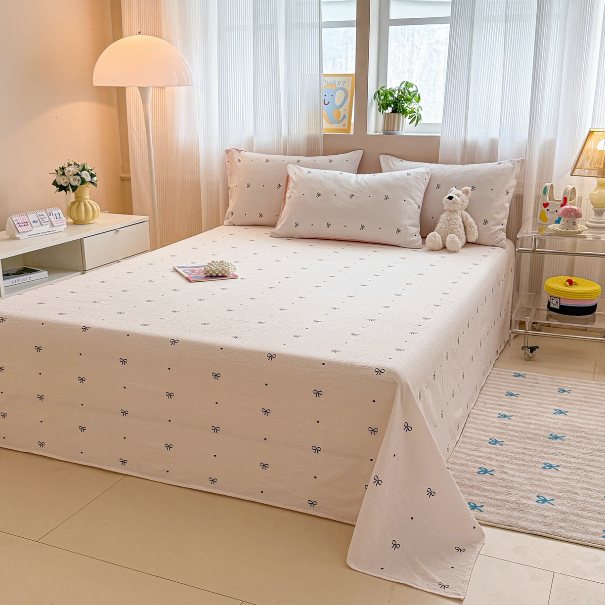 91家纺网 家纺一手货源 找家纺 丽美人家纺 2026新款A类皱皱双层纱印花单床单床单单件 粉蝴蝶结