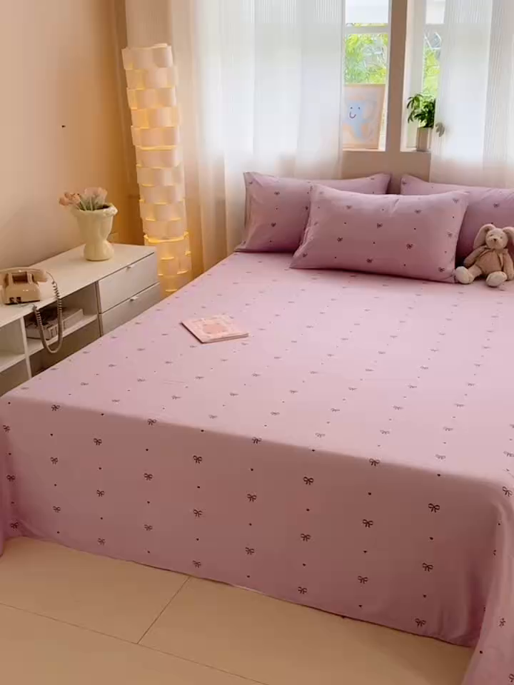 91家纺网 家纺一手货源 找家纺 丽美人家纺 2026新款A类皱皱双层纱印花单床单床单单件 粉蝴蝶结