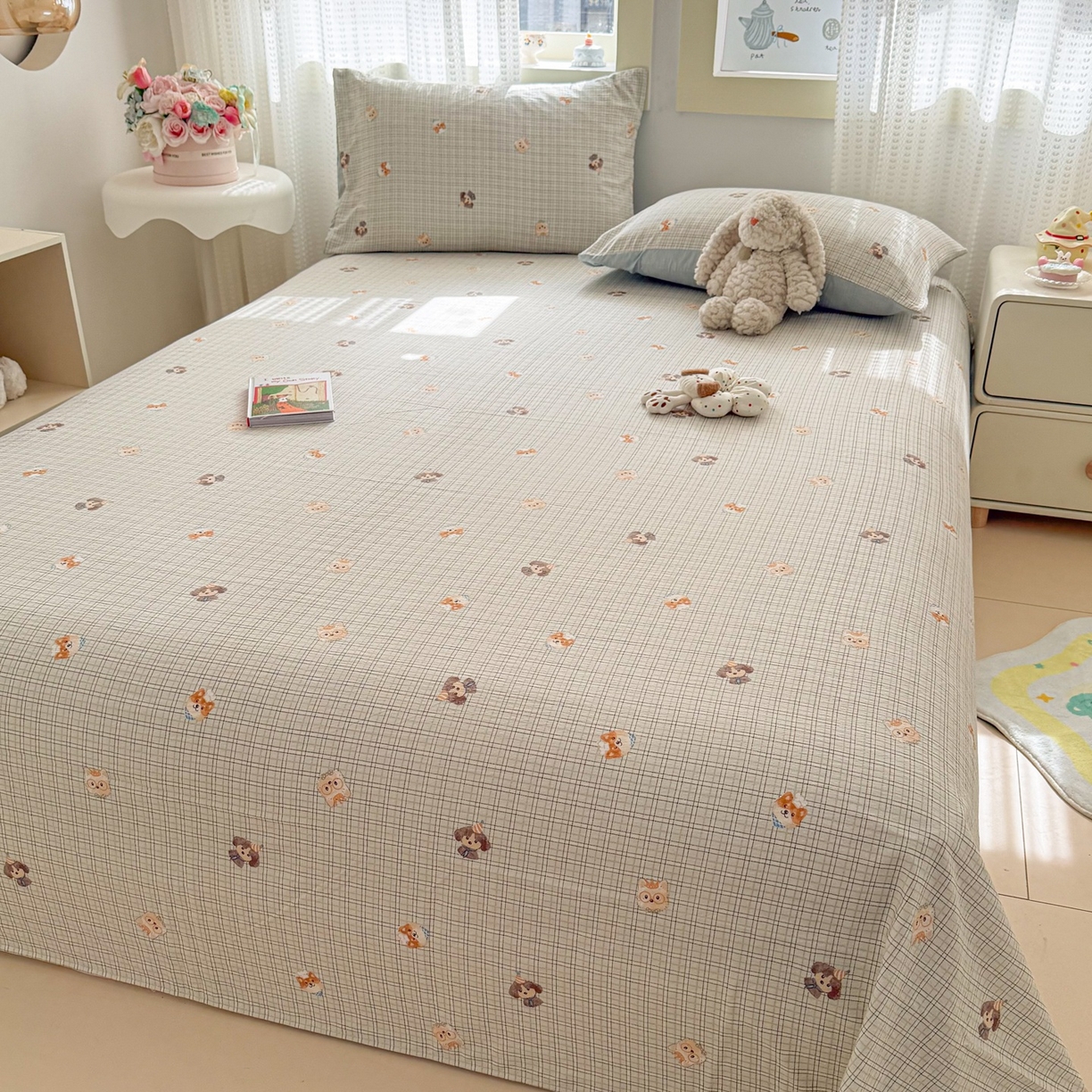 91家纺网 家纺一手货源 找家纺 丽美人家纺 2026新款A类皱皱双层纱印花单床单床单单件 格仔萌宠