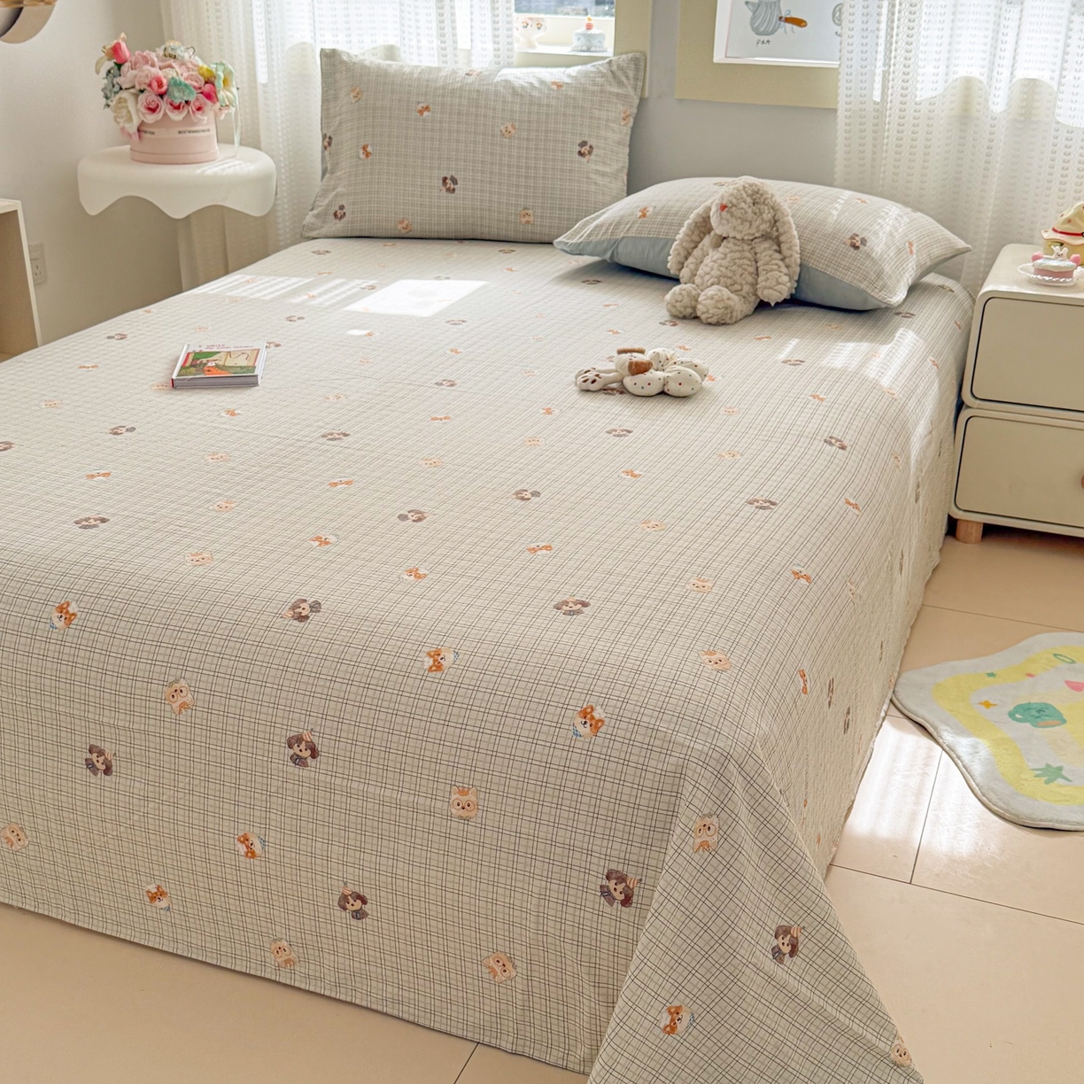 91家纺网 家纺一手货源 找家纺 丽美人家纺 2026新款A类皱皱双层纱印花单床单床单单件 格仔萌宠