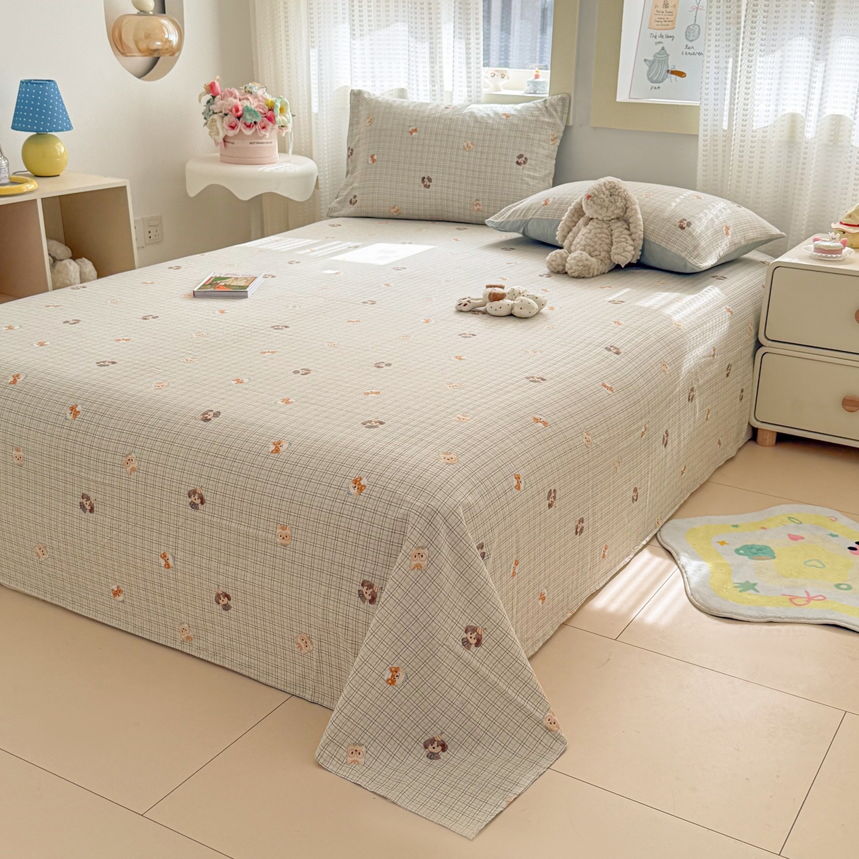 91家纺网 家纺一手货源 找家纺 丽美人家纺 2026新款A类皱皱双层纱印花单床单床单单件 格仔萌宠