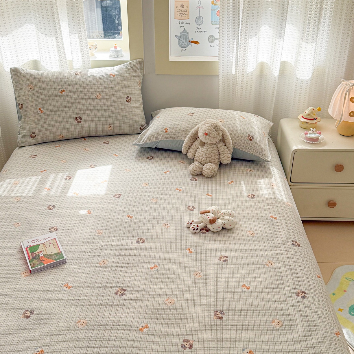 91家纺网 家纺一手货源 找家纺 丽美人家纺 2026新款A类皱皱双层纱印花单床单床单单件 格仔萌宠