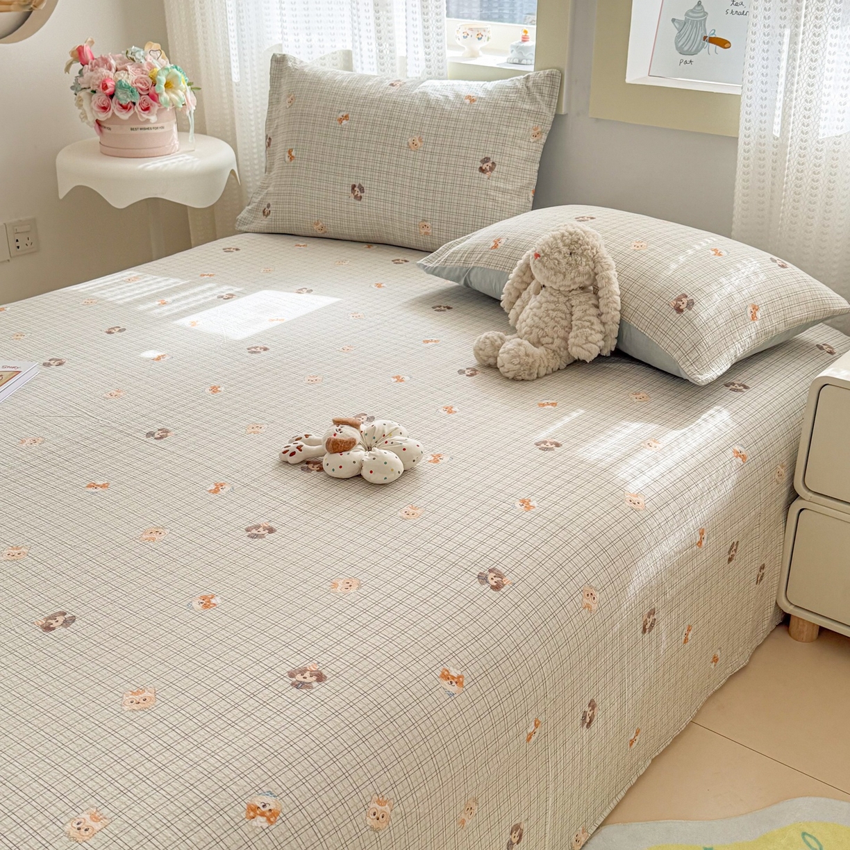 91家纺网 家纺一手货源 找家纺 丽美人家纺 2026新款A类皱皱双层纱印花单床单床单单件 格仔萌宠