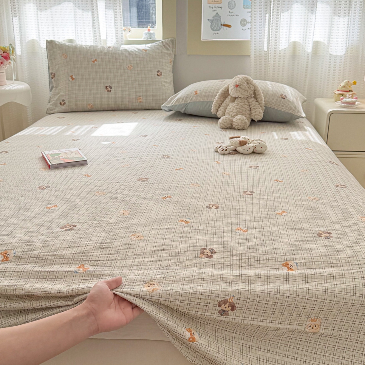 91家纺网 家纺一手货源 找家纺 丽美人家纺 2026新款A类皱皱双层纱印花单床单床单单件 格仔萌宠