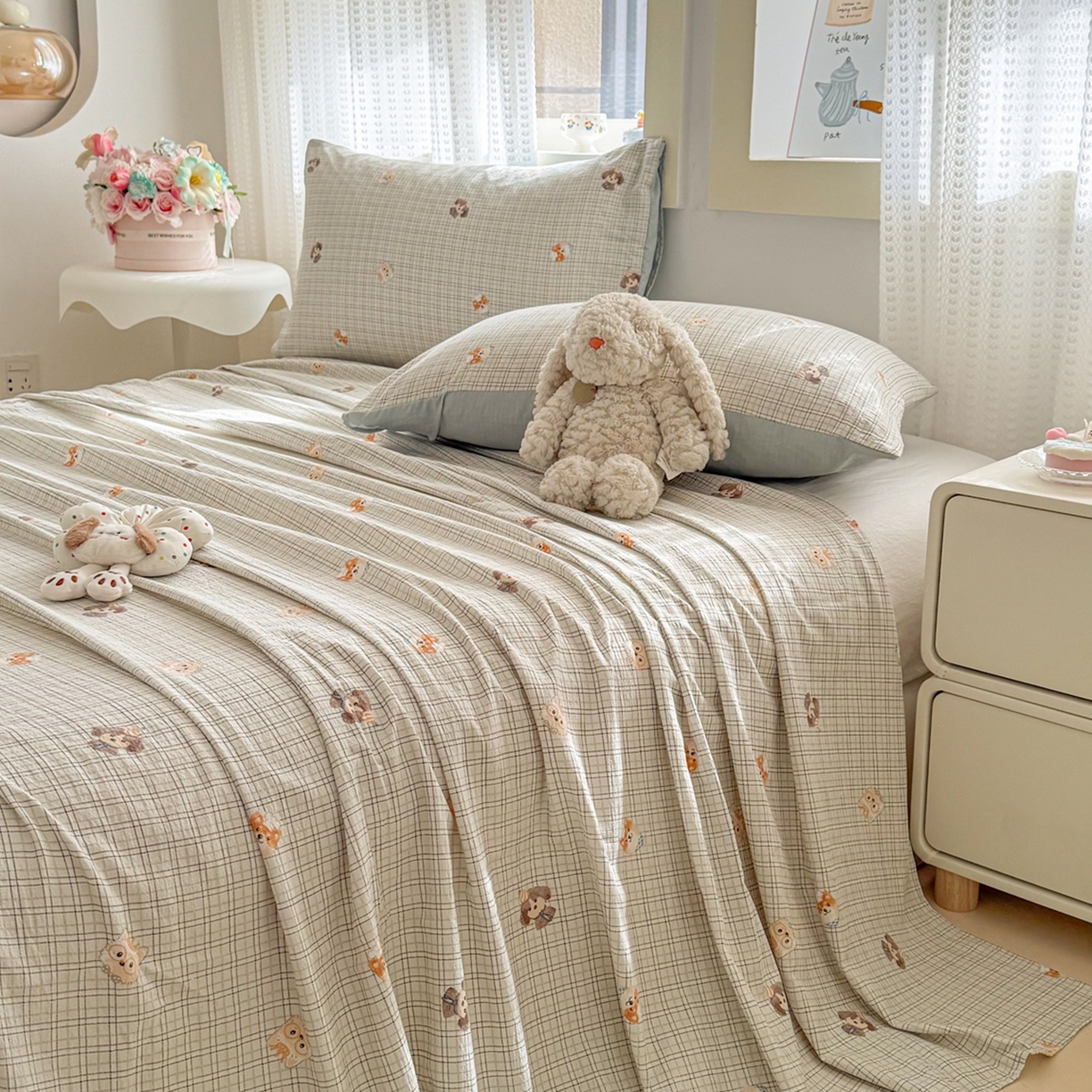 91家纺网 家纺一手货源 找家纺 丽美人家纺 2026新款A类皱皱双层纱印花单床单床单单件 格仔萌宠