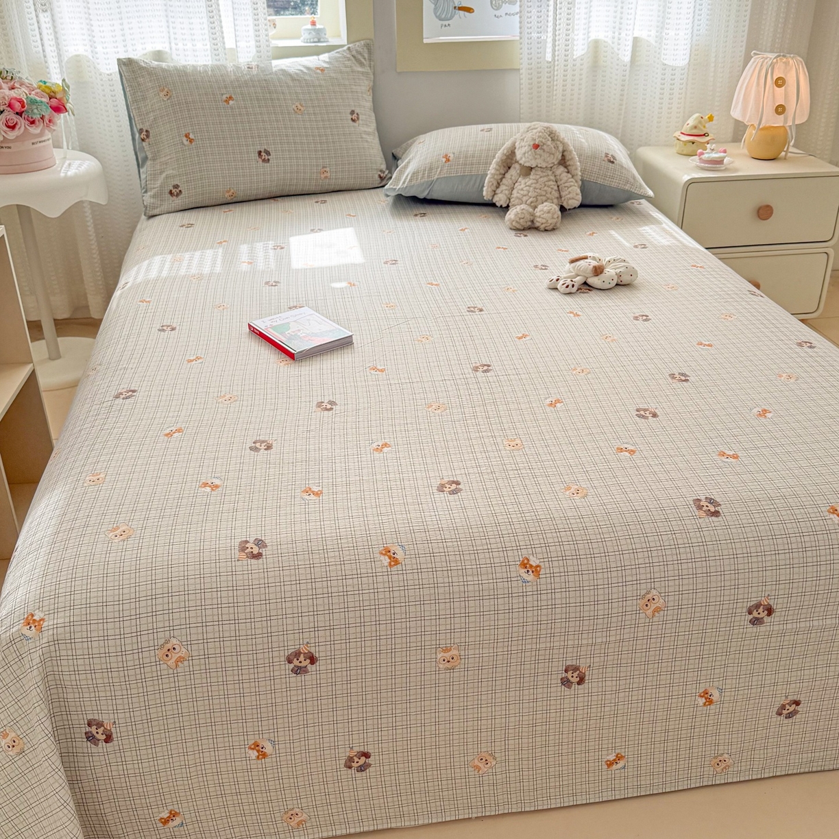 91家纺网 家纺一手货源 找家纺 丽美人家纺 2026新款A类皱皱双层纱印花单床单床单单件 格仔萌宠