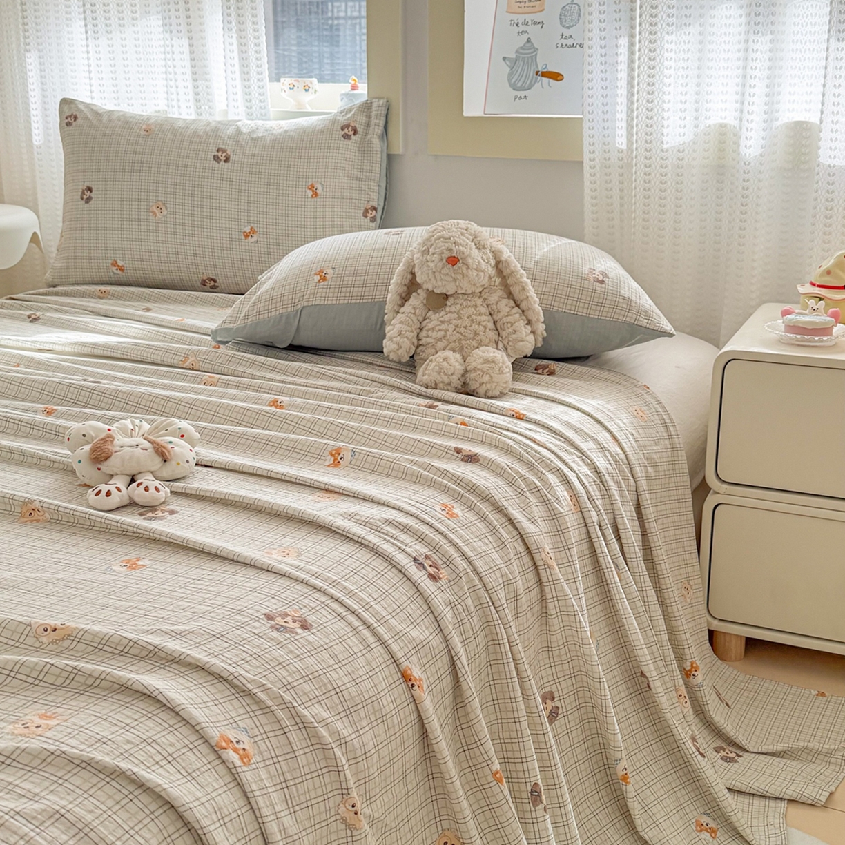 91家纺网 家纺一手货源 找家纺 丽美人家纺 2026新款A类皱皱双层纱印花单床单床单单件 格仔萌宠