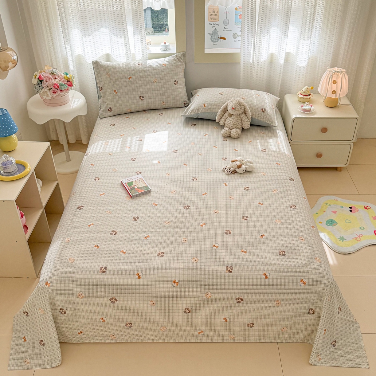 91家纺网 家纺一手货源 找家纺 丽美人家纺 2026新款A类皱皱双层纱印花单床单床单单件 格仔萌宠