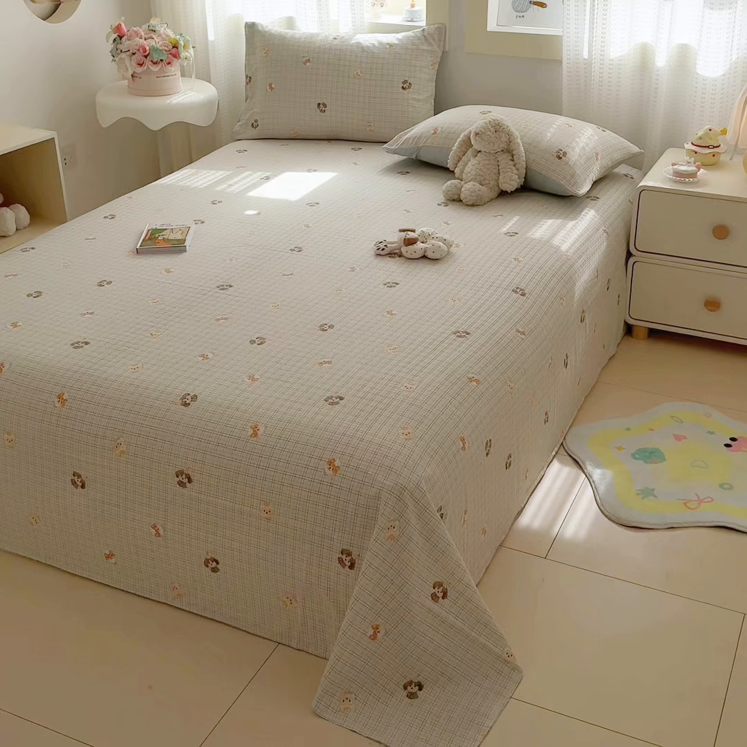 91家纺网 家纺一手货源 找家纺 丽美人家纺 2026新款A类皱皱双层纱印花单床单床单单件 格仔萌宠