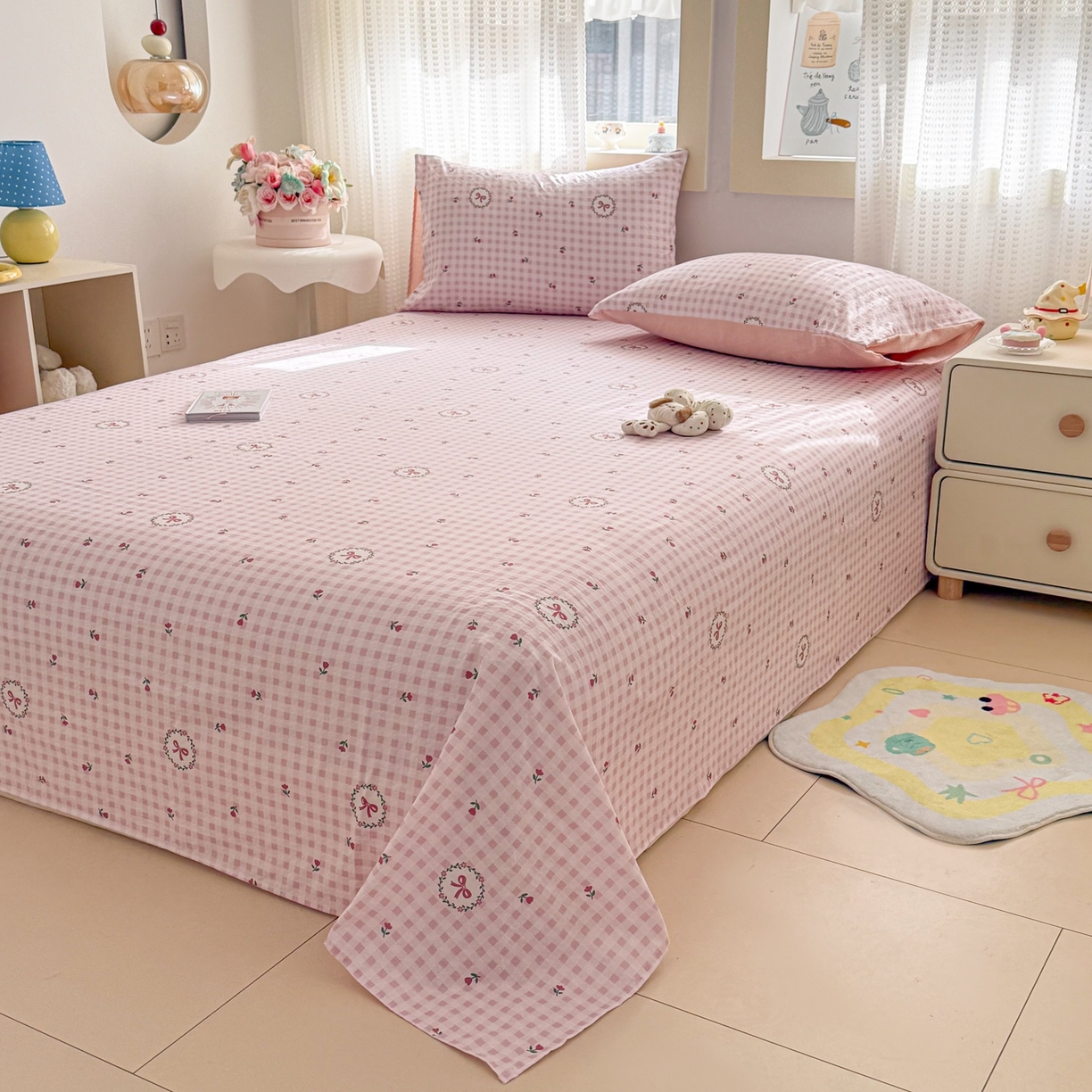 91家纺网 家纺一手货源 找家纺 丽美人家纺 2026新款A类皱皱双层纱印花单床单床单单件 格子蝴蝶结