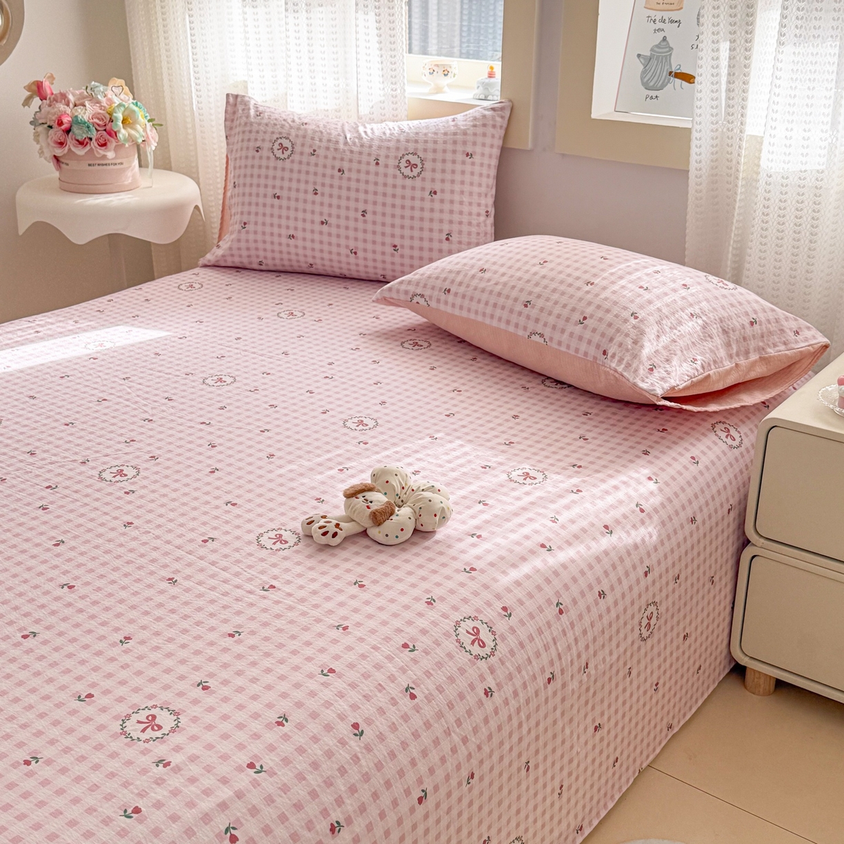 91家纺网 家纺一手货源 找家纺 丽美人家纺 2026新款A类皱皱双层纱印花单床单床单单件 格子蝴蝶结