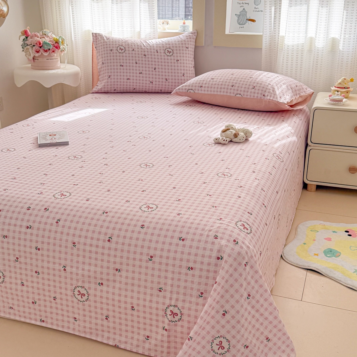 91家纺网 家纺一手货源 找家纺 丽美人家纺 2026新款A类皱皱双层纱印花单床单床单单件 格子蝴蝶结