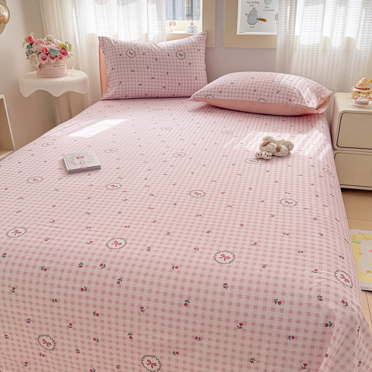 91家纺网 家纺一手货源 找家纺 丽美人家纺 2026新款A类皱皱双层纱印花单床单床单单件 格子蝴蝶结