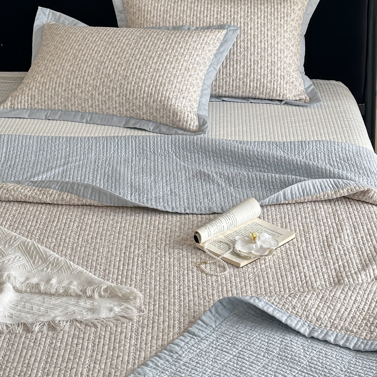 91家纺网 家纺一手货源 找家纺 床盖工厂店 2026春夏新款双面100%全棉填充棉花床盖三件套 流苏