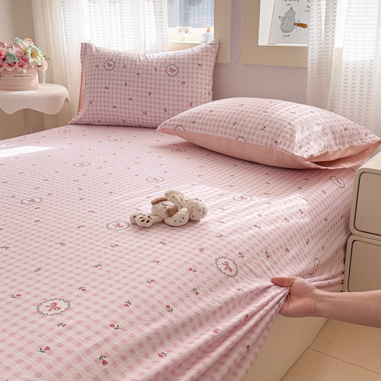 91家纺网 家纺一手货源 找家纺 丽美人家纺 2026新款A类皱皱双层纱印花单床单床单单件 格子蝴蝶结