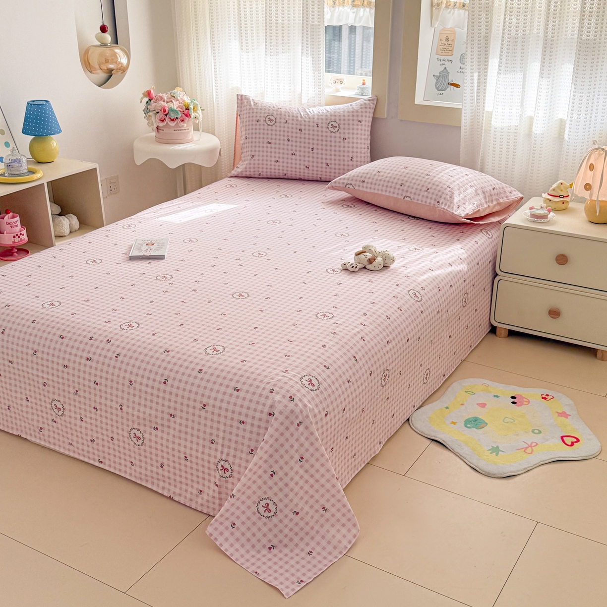 91家纺网 家纺一手货源 找家纺 丽美人家纺 2026新款A类皱皱双层纱印花单床单床单单件 格子蝴蝶结