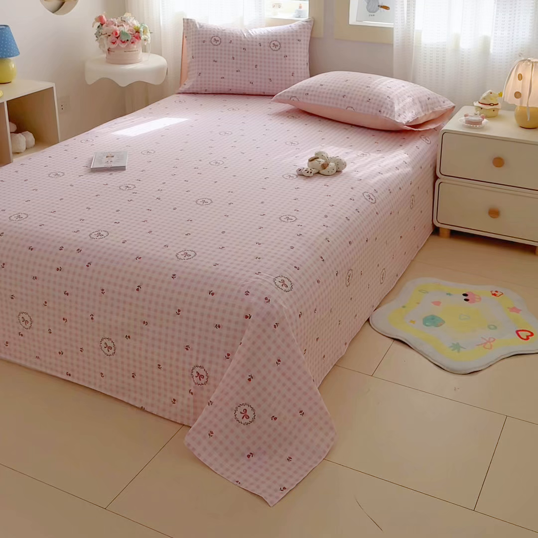 91家纺网 家纺一手货源 找家纺 丽美人家纺 2026新款A类皱皱双层纱印花单床单床单单件 格子蝴蝶结