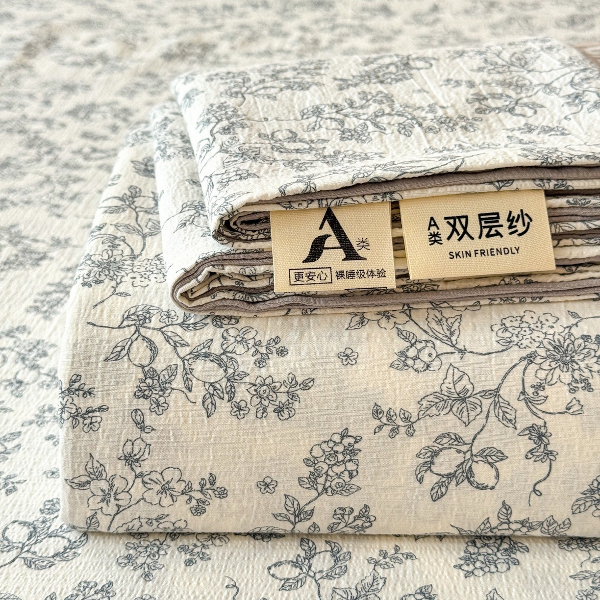 91家纺网 家纺一手货源 找家纺 丽美人家纺 2026新款A类皱皱双层纱印花单床单床单单件 花开漫漫
