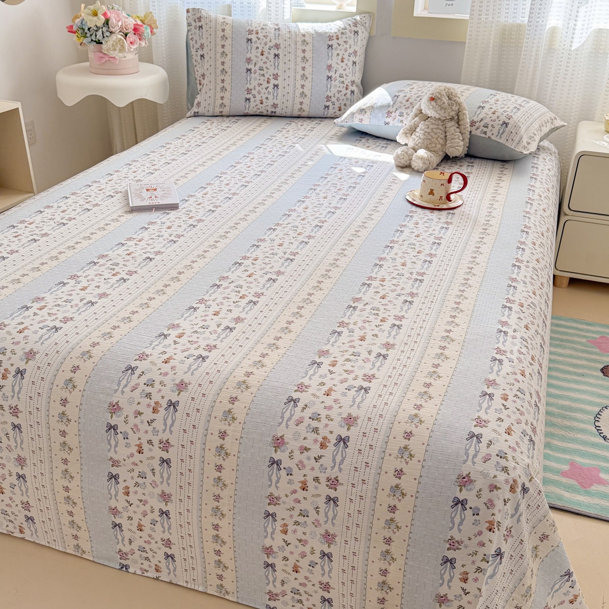 91家纺网 家纺一手货源 找家纺 丽美人家纺 2026新款A类皱皱双层纱印花单床单床单单件 花漫蝴蝶