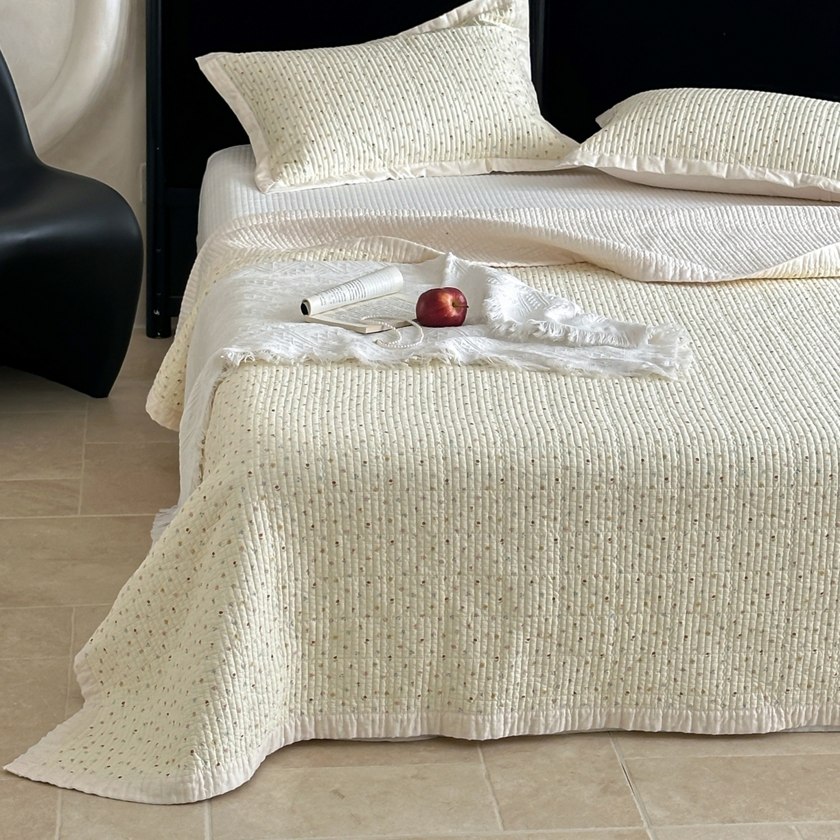 91家纺网 家纺一手货源 找家纺 床盖工厂店 2026春夏新款双面100%全棉填充棉花床盖三件套 奶昔