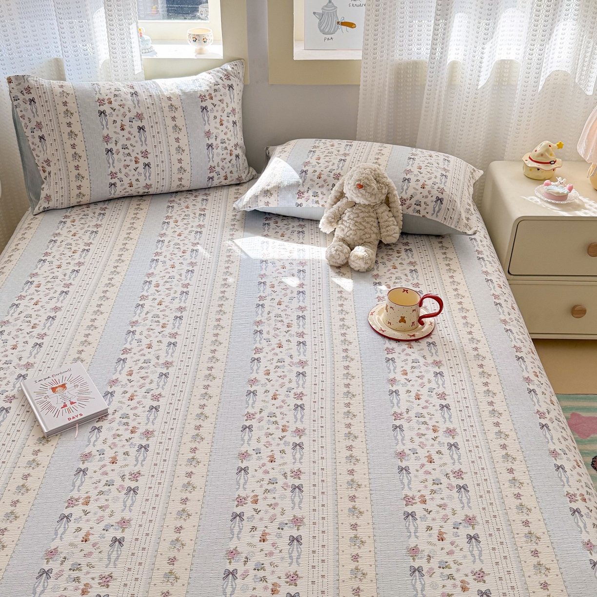 91家纺网 家纺一手货源 找家纺 丽美人家纺 2026新款A类皱皱双层纱印花单床单床单单件 花漫蝴蝶