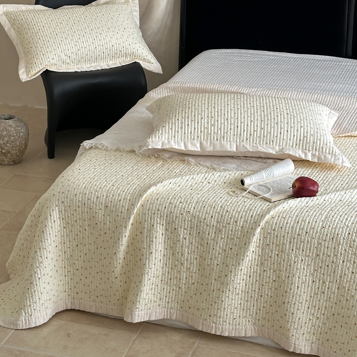 91家纺网 家纺一手货源 找家纺 床盖工厂店 2026春夏新款双面100%全棉填充棉花床盖三件套 奶昔