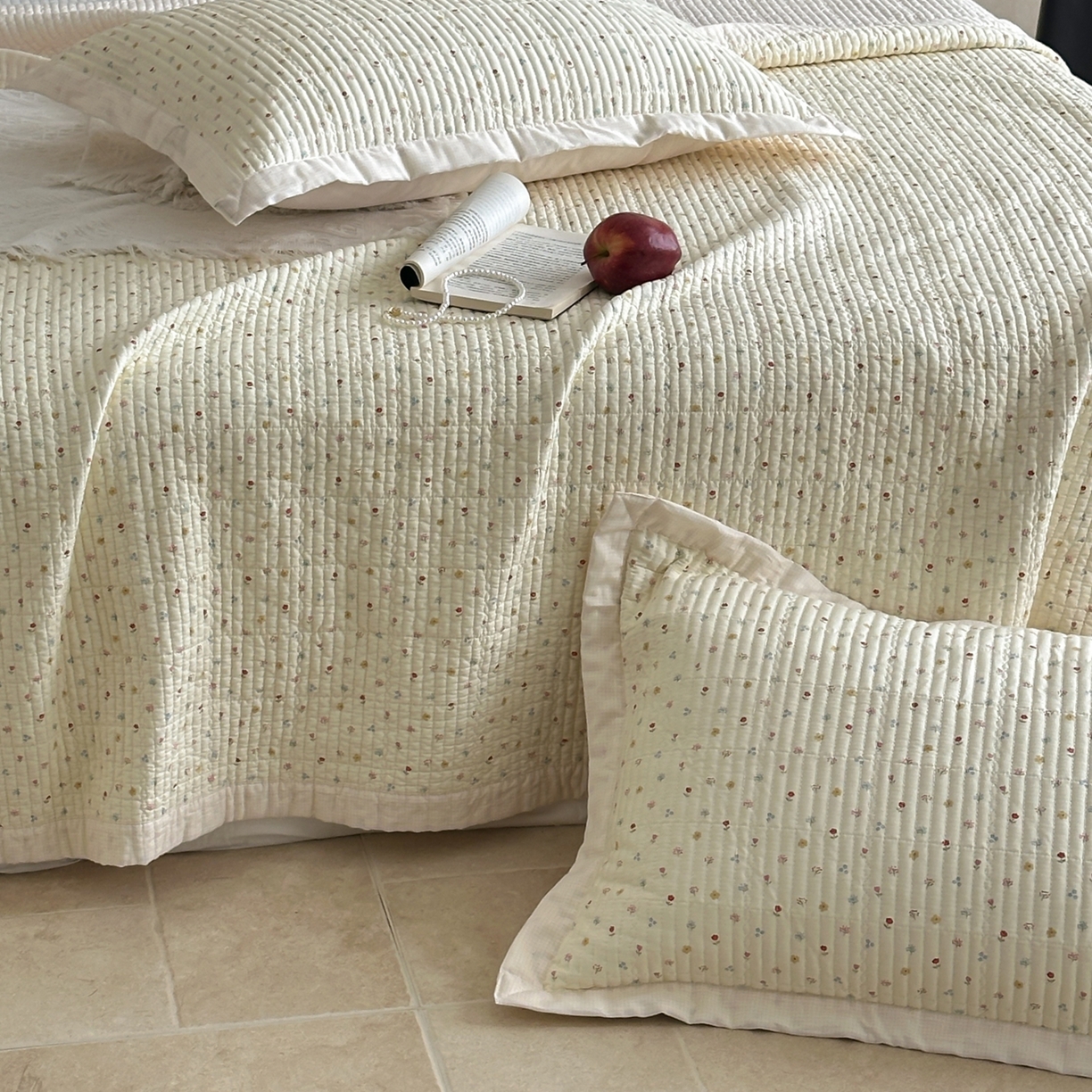 91家纺网 家纺一手货源 找家纺 床盖工厂店 2026春夏新款双面100%全棉填充棉花床盖三件套 奶昔