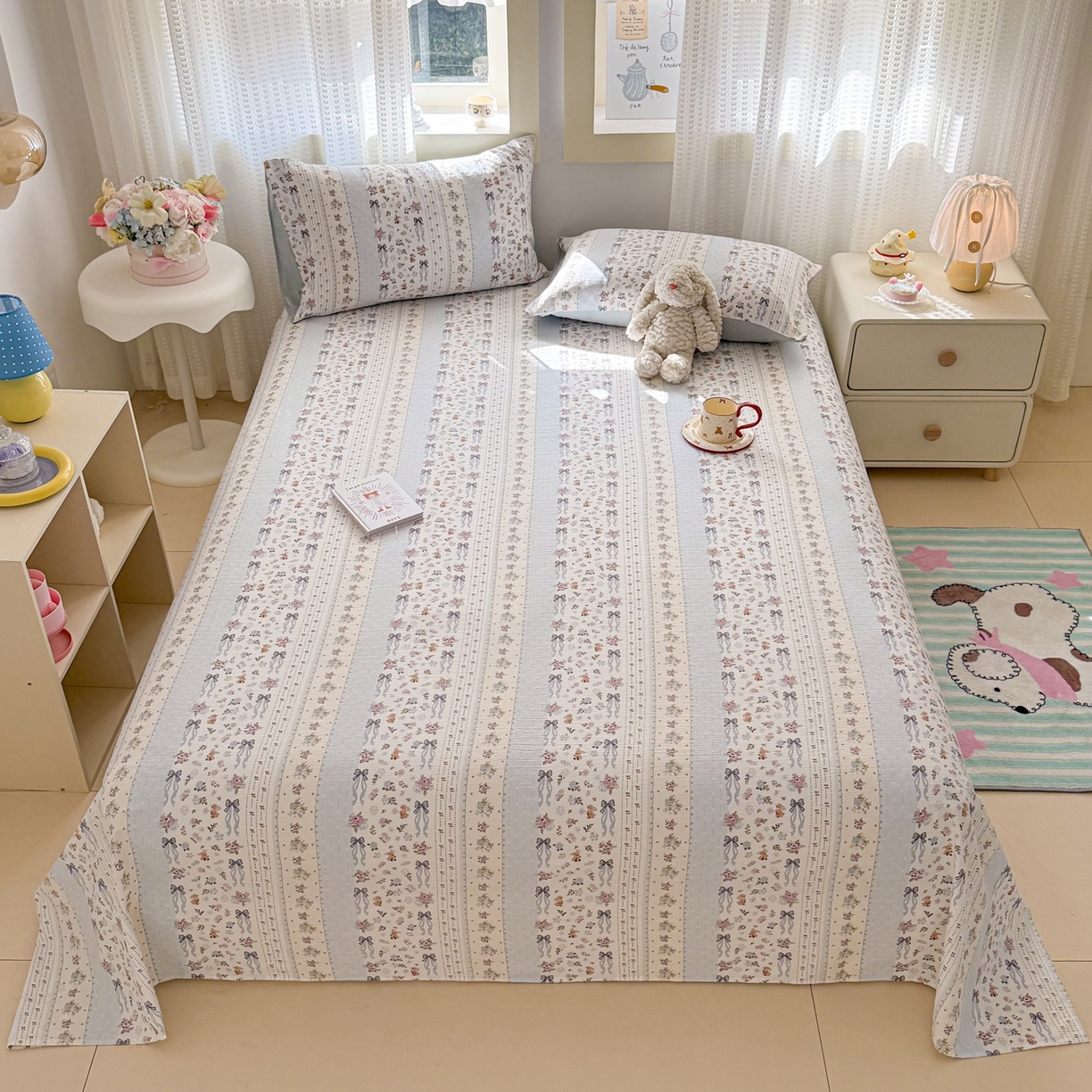 91家纺网 家纺一手货源 找家纺 丽美人家纺 2026新款A类皱皱双层纱印花单床单床单单件 花漫蝴蝶