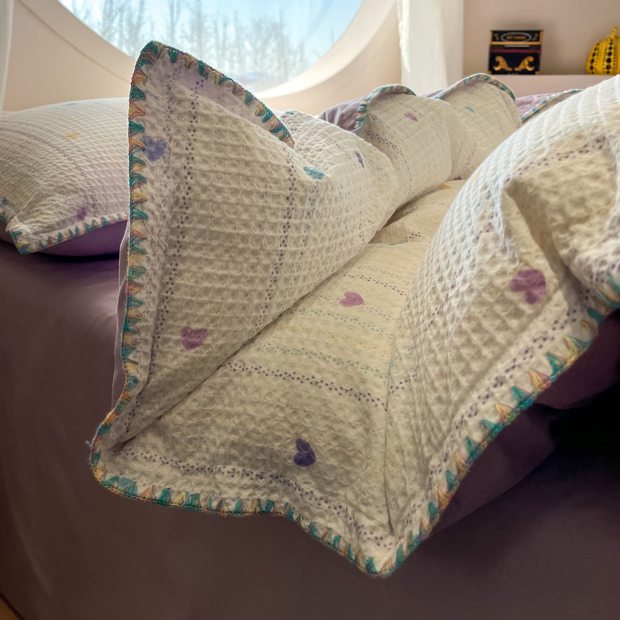 91家纺网 家纺一手货源 找家纺 如一 2026新款全棉华夫格三角针工艺四件套 彩心-紫