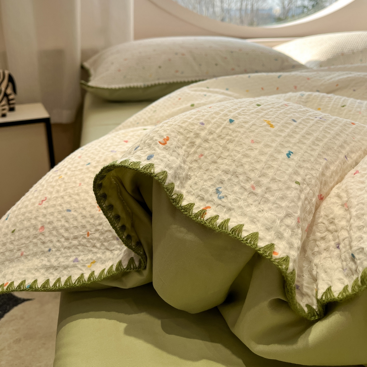 91家纺网 家纺一手货源 找家纺 如一 2026新款全棉华夫格三角针工艺四件套 盛夏-绿