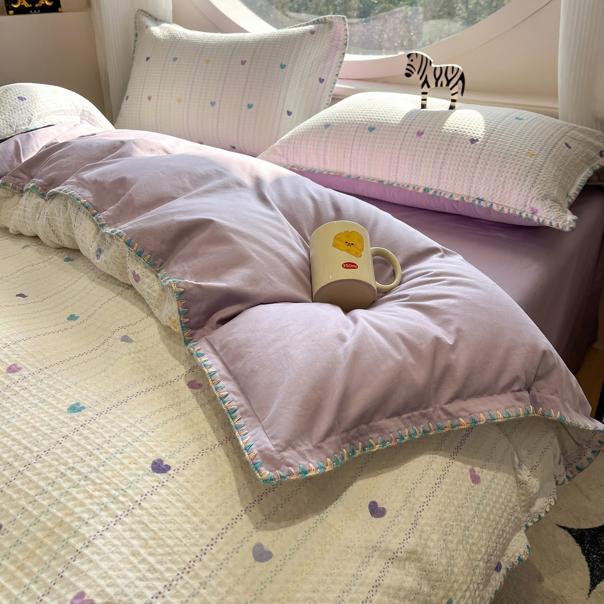 91家纺网 家纺一手货源 找家纺 如一 2026新款全棉华夫格三角针工艺四件套 彩心-紫