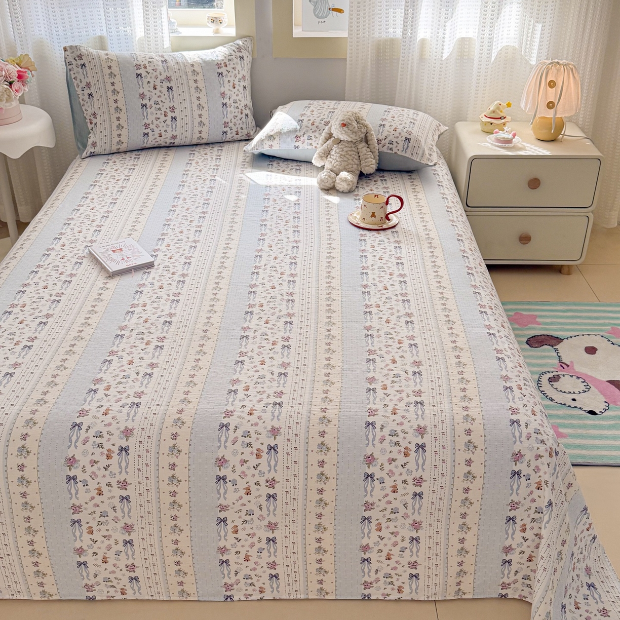 91家纺网 家纺一手货源 找家纺 丽美人家纺 2026新款A类皱皱双层纱印花单床单床单单件 花漫蝴蝶