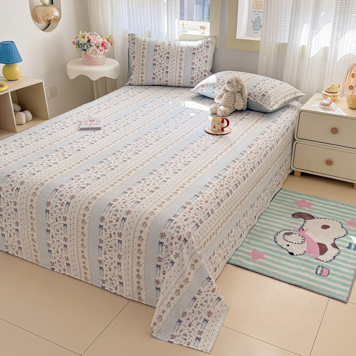 91家纺网 家纺一手货源 找家纺 丽美人家纺 2026新款A类皱皱双层纱印花单床单床单单件 花漫蝴蝶