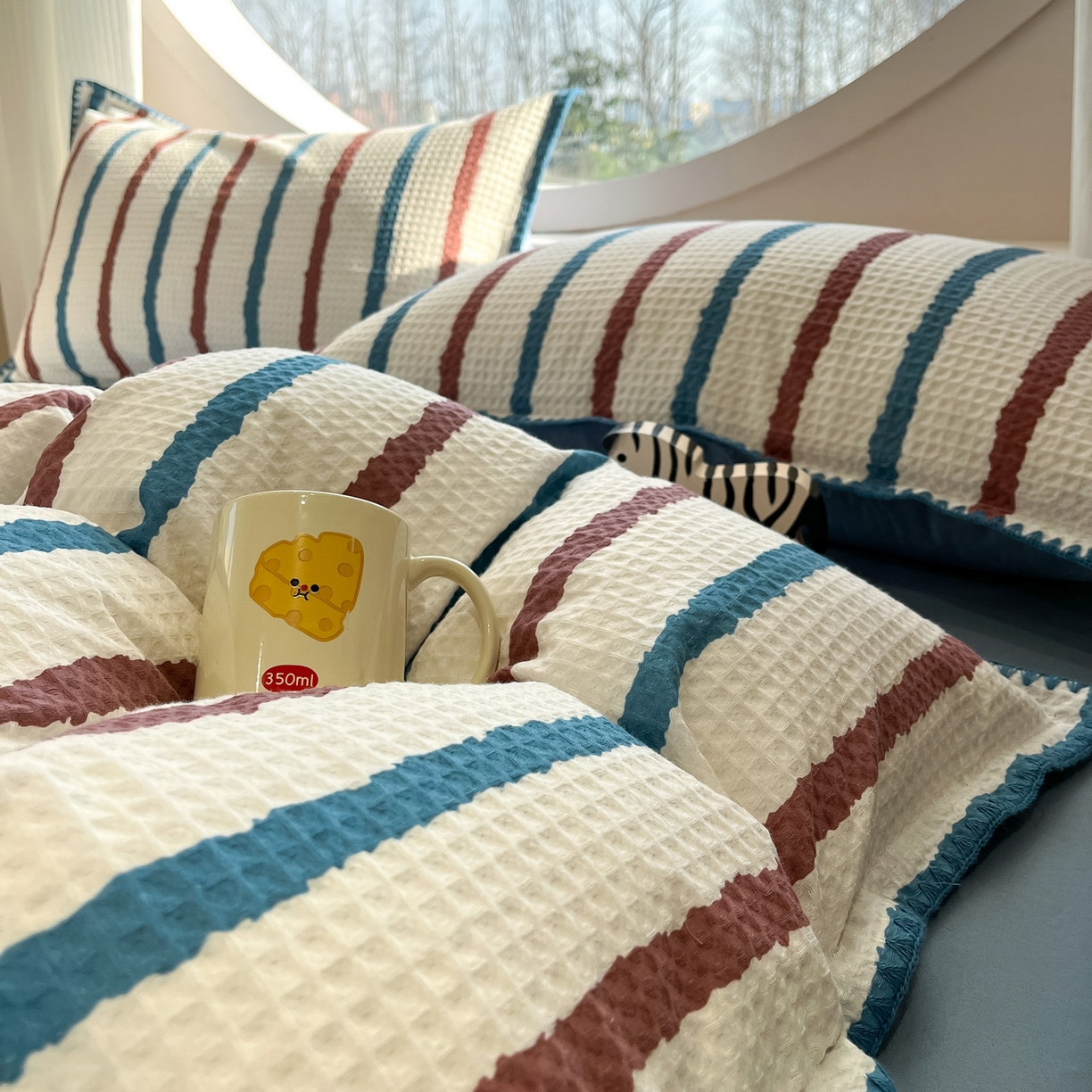 91家纺网 家纺一手货源 找家纺 如一 2026新款全棉华夫格三角针工艺四件套 海盐-蓝