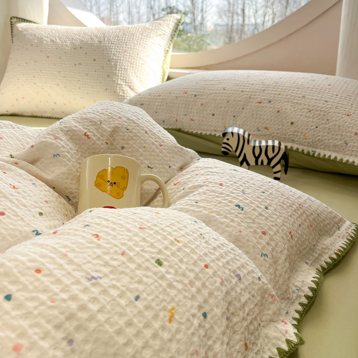 91家纺网 家纺一手货源 找家纺 如一 2026新款全棉华夫格三角针工艺四件套 盛夏-绿