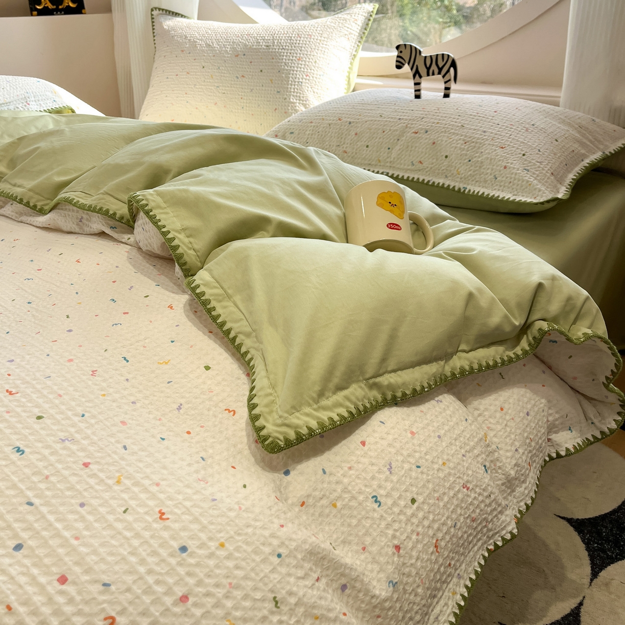 91家纺网 家纺一手货源 找家纺 如一 2026新款全棉华夫格三角针工艺四件套 盛夏-绿