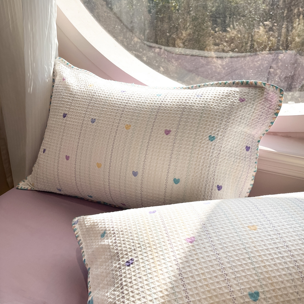 91家纺网 家纺一手货源 找家纺 如一 2026新款全棉华夫格三角针工艺四件套 彩心-紫