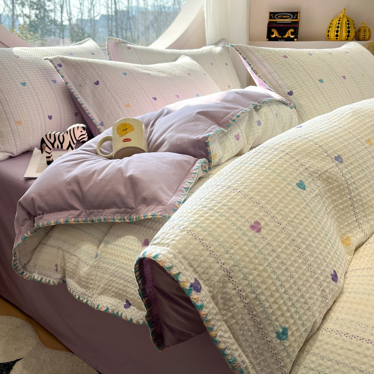 91家纺网 家纺一手货源 找家纺 如一 2026新款全棉华夫格三角针工艺四件套 彩心-紫