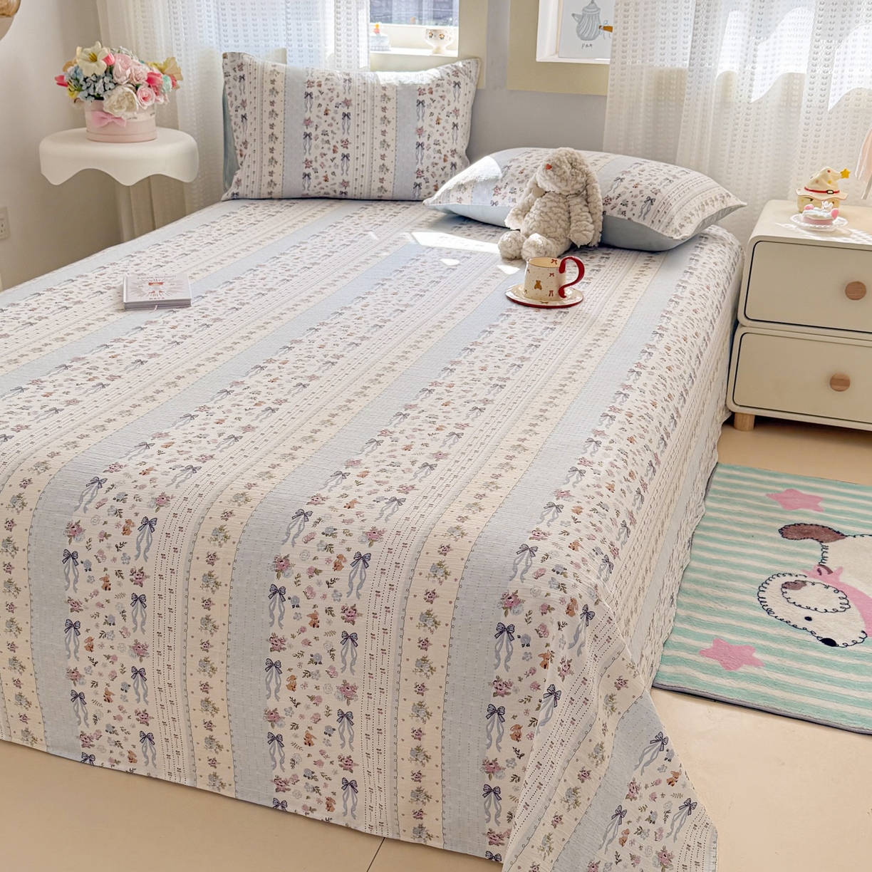 91家纺网 家纺一手货源 找家纺 丽美人家纺 2026新款A类皱皱双层纱印花单床单床单单件 花漫蝴蝶