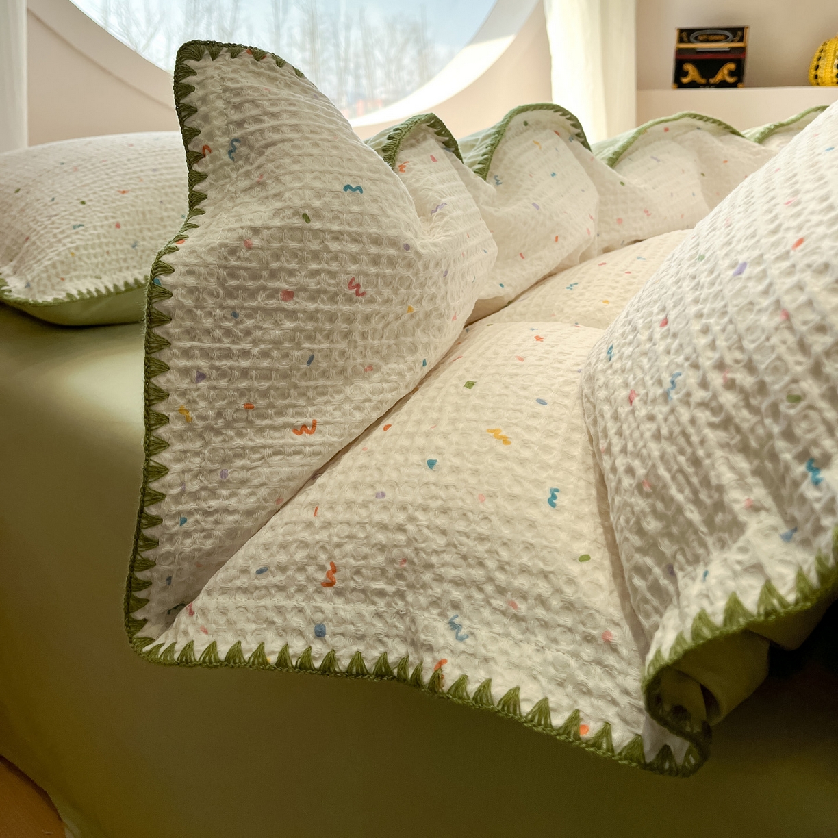 91家纺网 家纺一手货源 找家纺 如一 2026新款全棉华夫格三角针工艺四件套 盛夏-绿