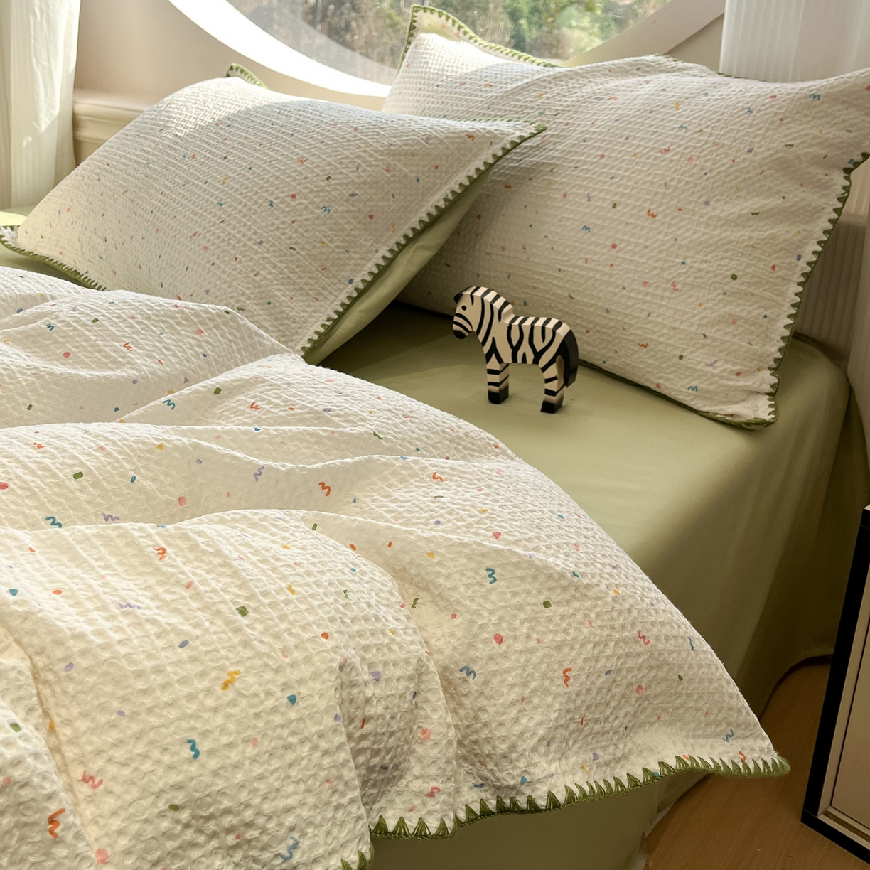 91家纺网 家纺一手货源 找家纺 如一 2026新款全棉华夫格三角针工艺四件套 盛夏-绿