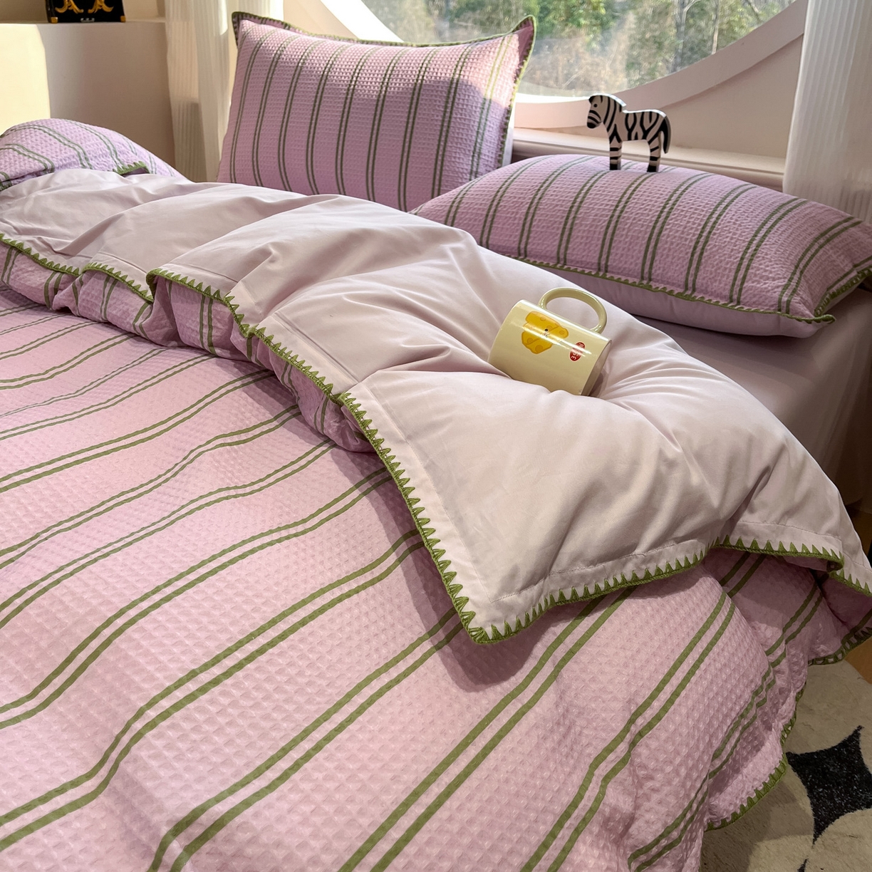 91家纺网 家纺一手货源 找家纺 如一 2026新款全棉华夫格三角针工艺四件套 风月-紫