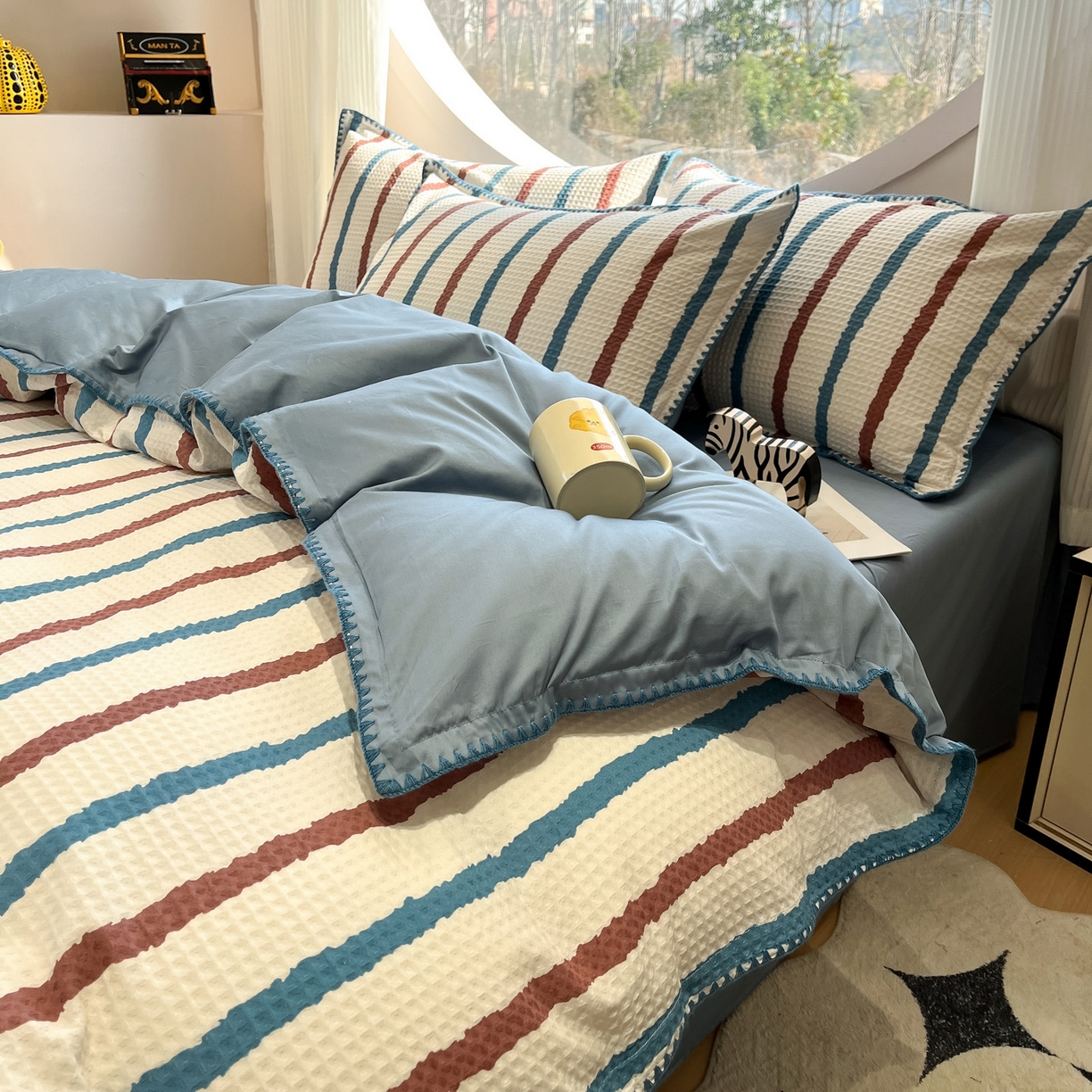 91家纺网 家纺一手货源 找家纺 如一 2026新款全棉华夫格三角针工艺四件套 海盐-蓝