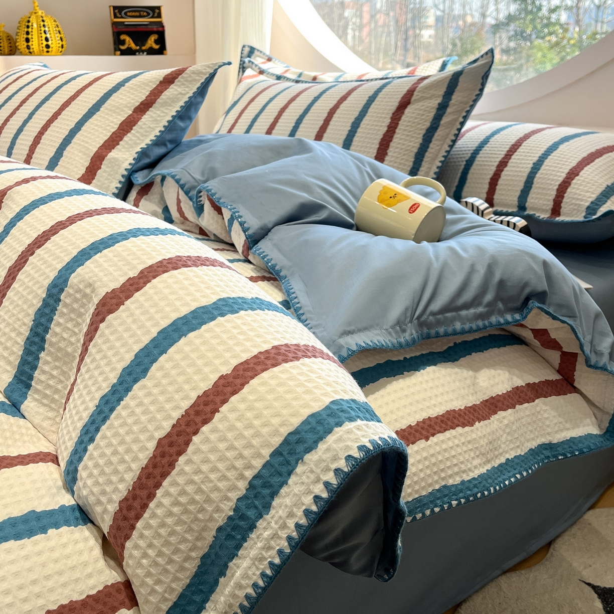 如一 2026新款全棉华夫格三角针工艺四件套 海盐-蓝